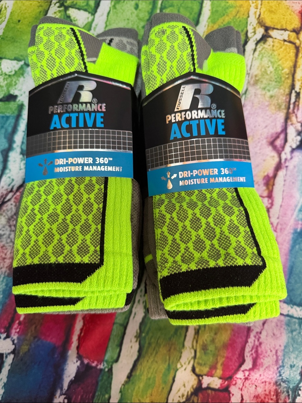 Russell Athletic Neon Green and Gray Performance Active Socks - 2 Pack